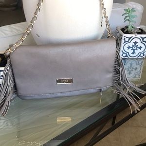 BCBG PARIS‎ grey purse vegan leather with fringe and chain link strap like new!